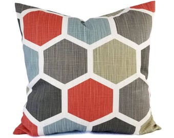 Two Red and Blue Pillow Covers - Geometric Pillow Sham - Red Throw Pillow - Blue Decorative Pillow - Grey Pillow Cover - Red and Blue Pillow