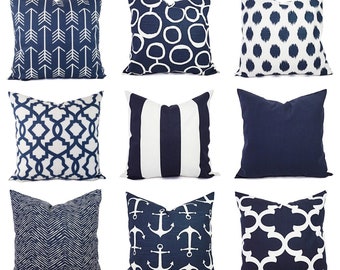 One Navy and White Pillow Covers 16 x 16 Inch Navy Blue Throw Pillow Cover Decorative Pillow Cushion Cover Navy Blue Pillows
