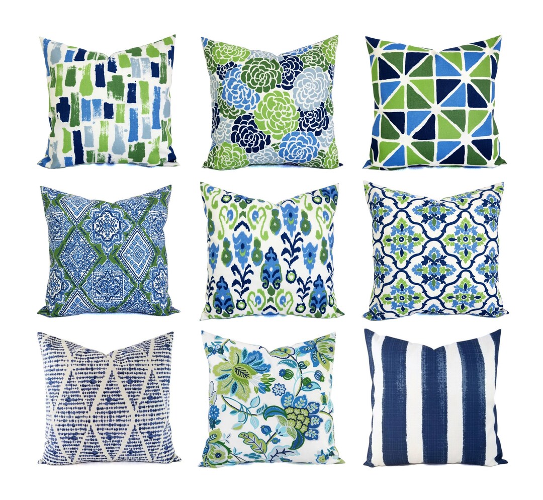 OUTDOOR Pillow Cover, Blue Pillow Cover, Green Throw Pillow, Blue and