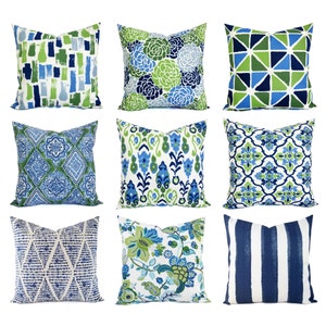 OUTDOOR Pillow Cover, Blue Pillow Cover, Green Throw Pillow, Blue and Green Pillow Sham, Blue Patio Pillow, Blue Outdoor Pillow Set, 16 x 16 image 1