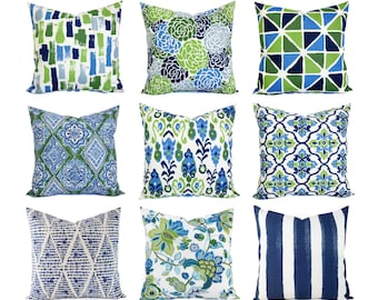 OUTDOOR Pillow Cover, Blue Pillow Cover, Green Throw Pillow, Blue and Green Pillow Sham, Blue Patio Pillow, Blue Outdoor Pillow Set, 16 x 16