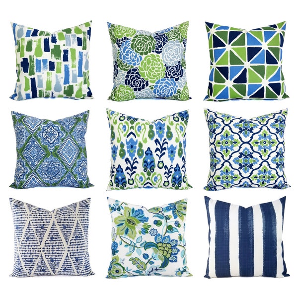 OUTDOOR Pillow Cover, Blue Pillow Cover, Green Throw Pillow, Blue and Green Pillow Sham, Blue Patio Pillow, Blue Outdoor Pillow Set, 16 x 16