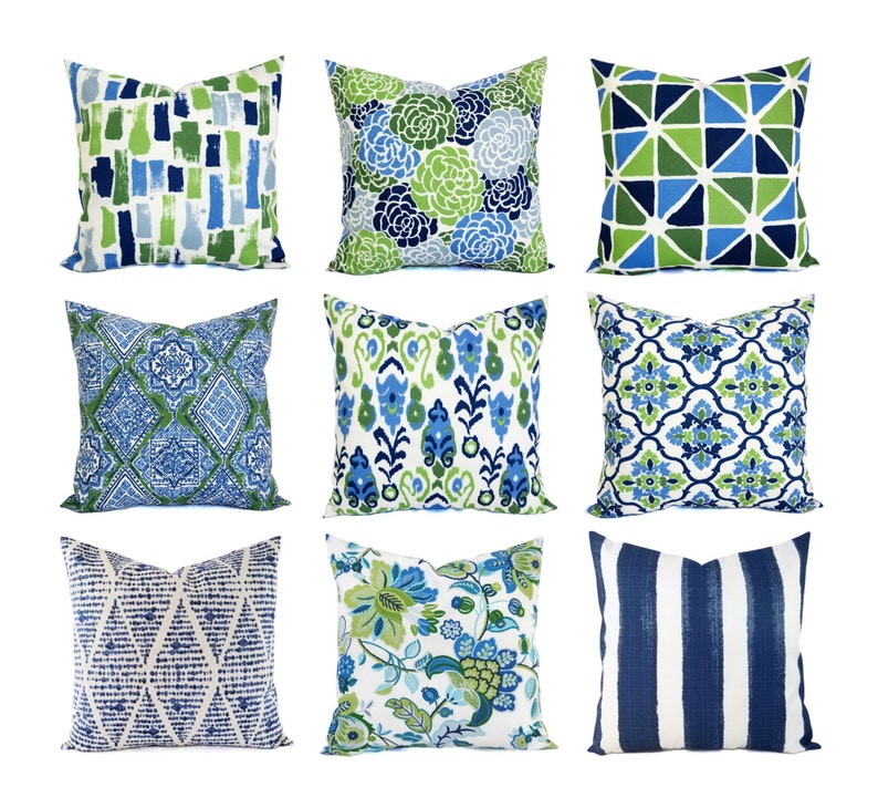 OUTDOOR Pillow Cover, Blue Pillow Cover, Green Throw Pillow, Blue and Green Pillow Sham, Blue Patio Pillow, Blue Outdoor Pillow Set, 16 x 16 image 1