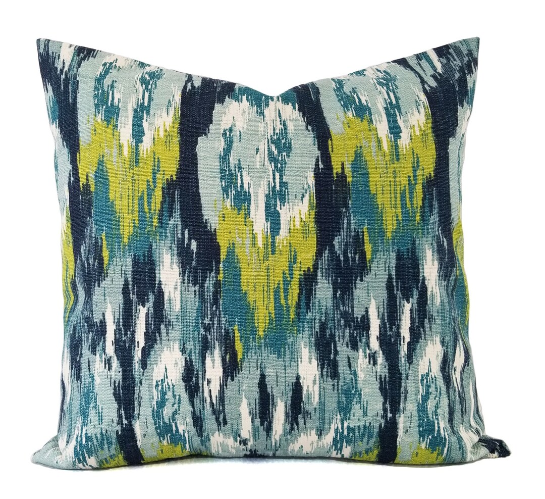 Two Throw Pillow Covers, Two Blue and Green Ikat Covers, Blue Pillow