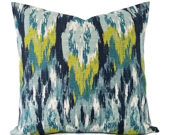 Two Throw Pillow Covers - Two Blue and Green Ikat Covers - Blue Pillow - Blue Ikat Pillow - Green Ikat Pillow - Ikat Pillow Covers