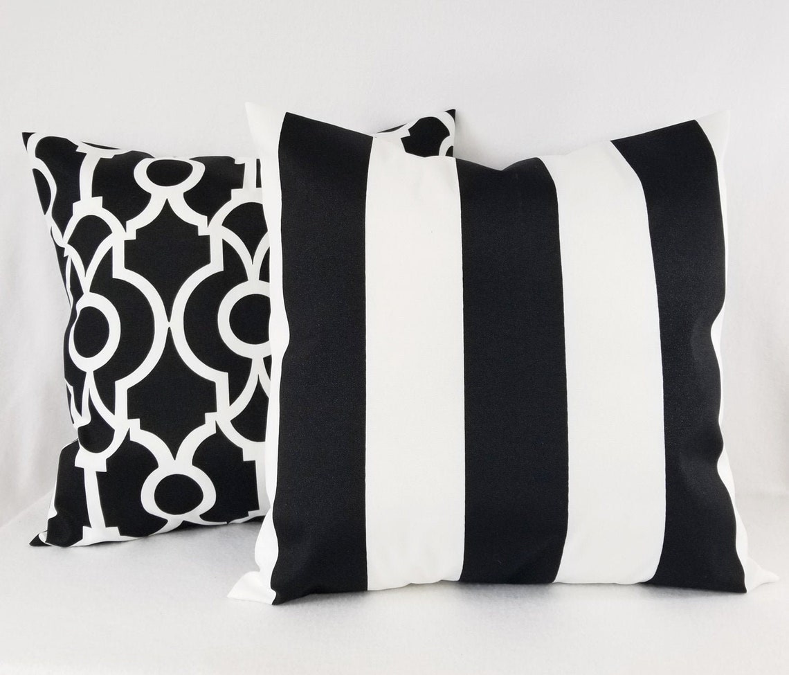 OUTDOOR Two Black and White Pillow Covers Black Stripe Etsy