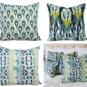 One Blue and Green Ikat Pillow Cover - Decorative Pillow - Blue Ikat Pillow - Green Ikat Pillow - Ikat Pillow Covers Pillow Sham