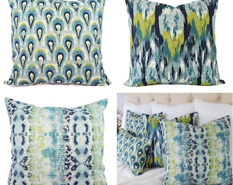 One Blue and Green Ikat Pillow Cover - Decorative Pillow - Blue Ikat Pillow - Green Ikat Pillow - Ikat Pillow Covers Pillow Sham