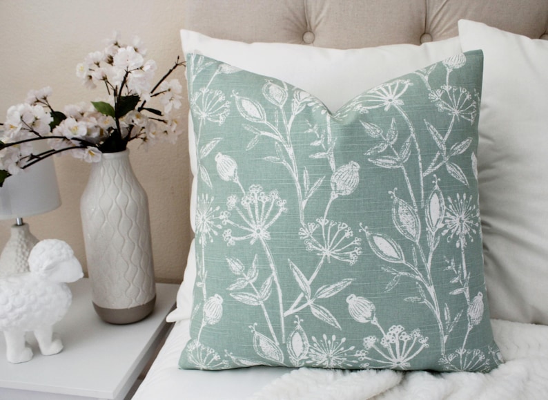 One Green Pillow Cover, Floral Pillow Sham, Green Throw Pillow, Green Decorative Pillow, Flower Pillow Cover, Zipper Pillow Cover image 1