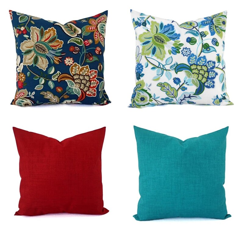 OUTDOOR Two Floral Pillow Covers Blue and Green Pillows Etsy