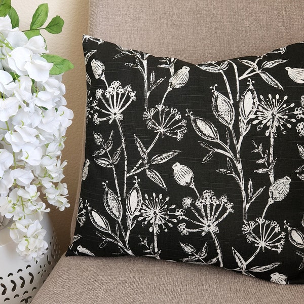 One Black Pillow Cover - Floral Pillow Sham - Black Throw Pillow - Black Decorative Pillow - Flower Pillow Cover - Dandelion Pillows