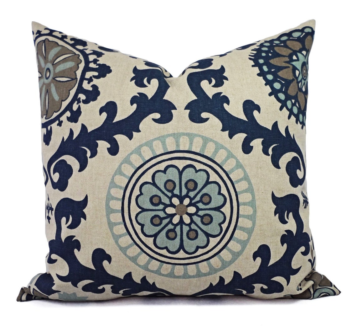 Two Blue Decorative Pillow Covers Navy Blue Floral Pillow Etsy
