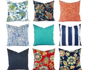 OUTDOOR Throw Pillow Cover, Floral Pillow Sham, Red Throw Pillow, Teal Pillow Cover, Solid Throw Pillow, Red Pillows, Blue Pillows