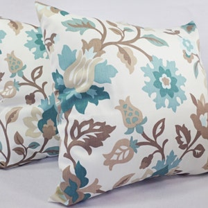 Two Floral Pillow Covers - Blue and Brown Throw Pillows - Blue Pillow Cover - Blue Couch Pillow - Decorative Pillow Covers