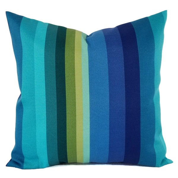 Two OUTDOOR Pillow Covers - Blue Green Pillow Cover - Blue Throw Pillow - Stripe Pillow - Green Striped Pillow - Turquoise Pillow Cover