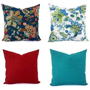 OUTDOOR Throw Pillow Cover - Floral Pillow Sham - Red Throw Pillow - Teal Pillow Cover - Solid Throw Pillow - Red Pillows - Blue Pillows