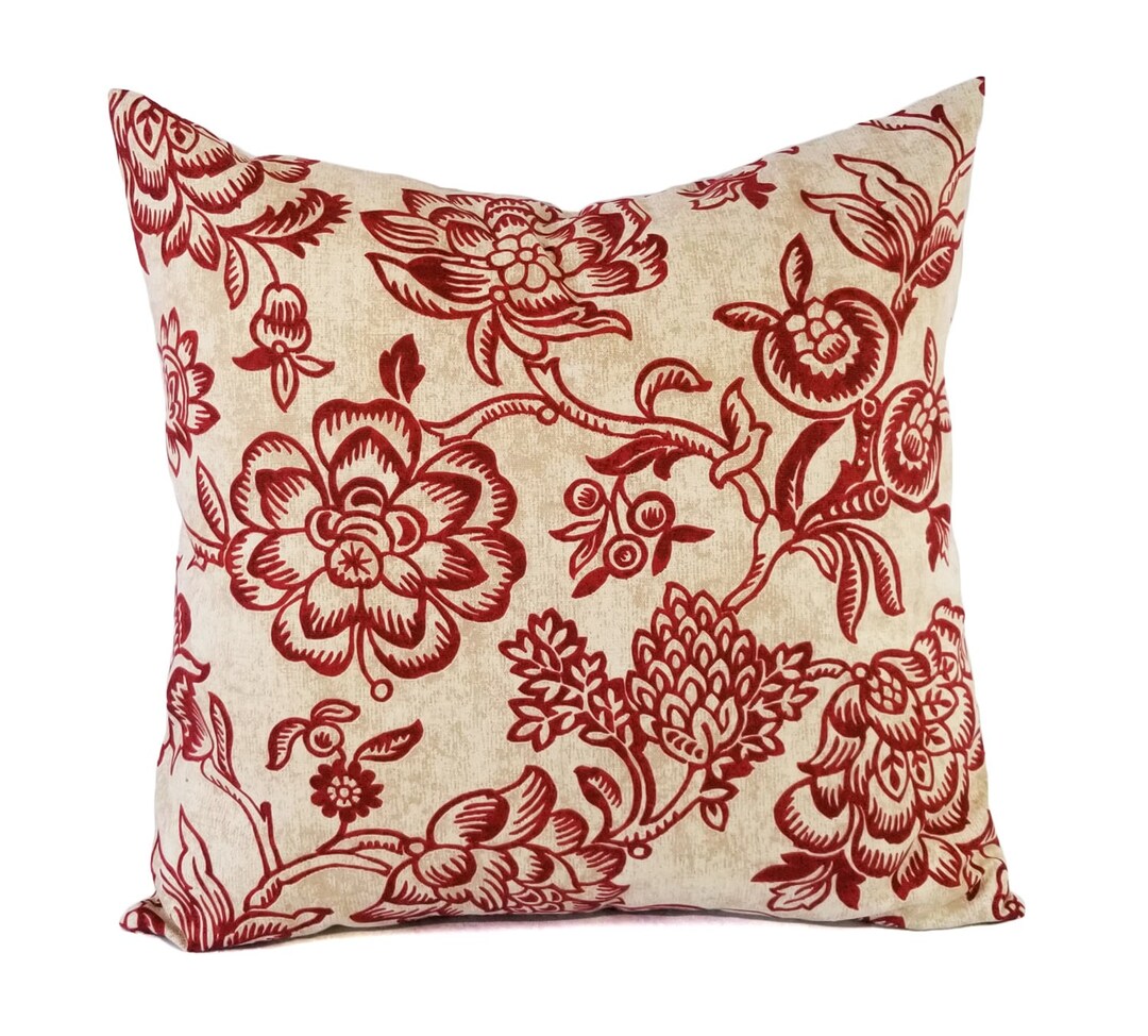 Two Decorative Throw Pillow Covers Red Beige Floral Print Red Floral