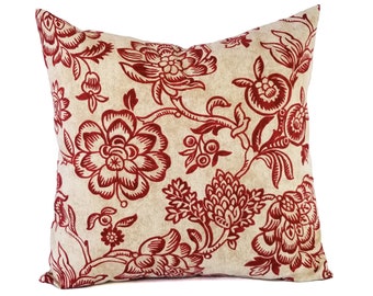 Two Decorative Throw Pillow Covers - Red Beige Floral Print - Red Floral Pillows - Red Pillows - Modern Pillows - Living Room Decor Floral