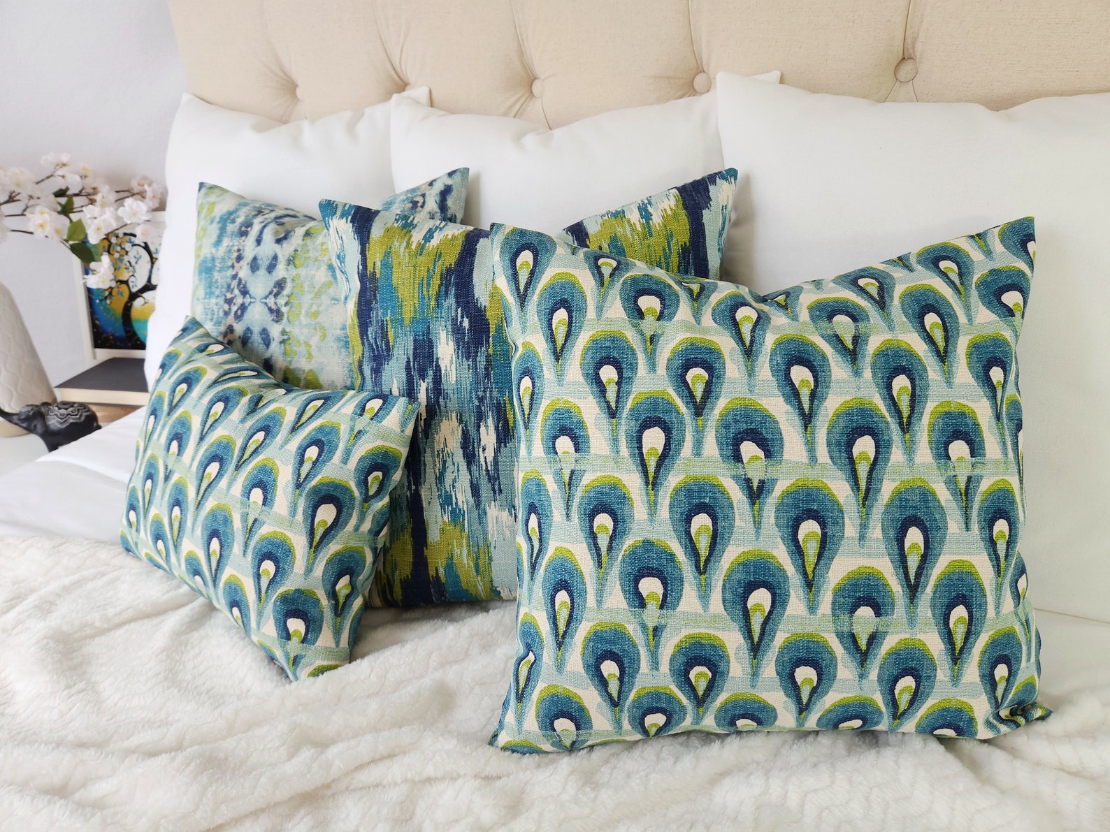 Blue Ikat Lumbar Pillow Cover One Blue and Green Ikat Pillow Etsy