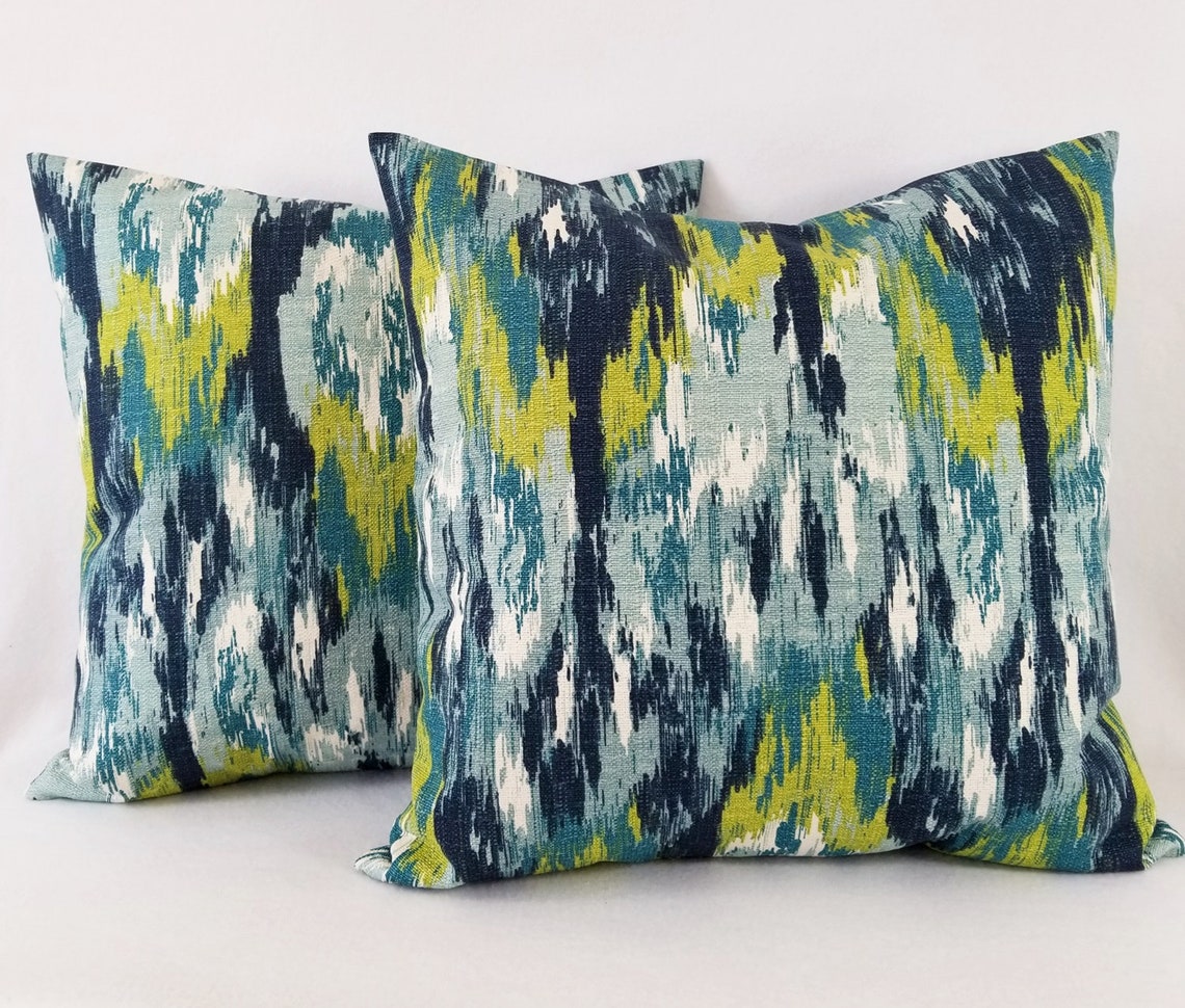 Throw Pillow Covers Two Blue and Green Ikat Covers Blue Etsy