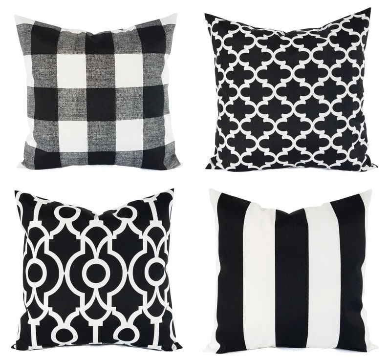 OUTDOOR Two Black and White Pillow Covers Black Plaid Pillow Etsy