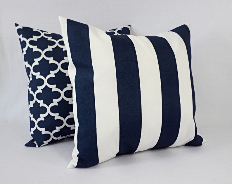 Two OUTDOOR Pillows Navy White Pillow Cover Navy Throw Etsy