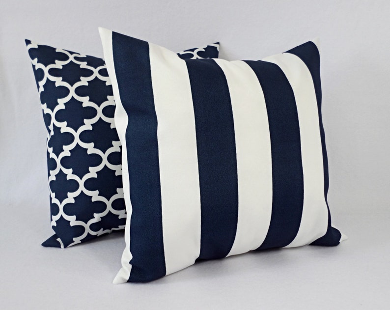 Two OUTDOOR Pillows Navy White Pillow Cover Navy Throw Pillow Cover Navy Deck Pillow Blue Striped Pillow Patio Chair Pillow image 3