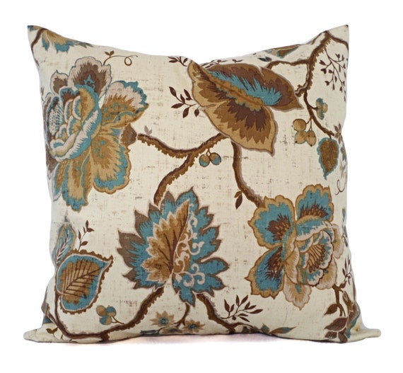 Floral Pillow Covers Cream Brown Blue Pillow Sham Teal Etsy
