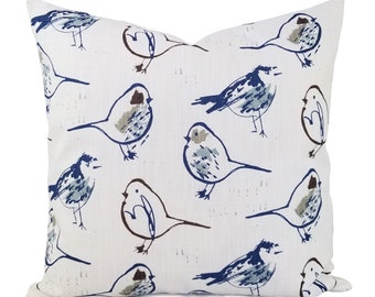 Two Blue Pillow Covers - Blue and Brown Bird Pillows - Blue Throw Pillow - Blue Decorative Pillow - Brown Pillow Cover - Blue Pillowcase