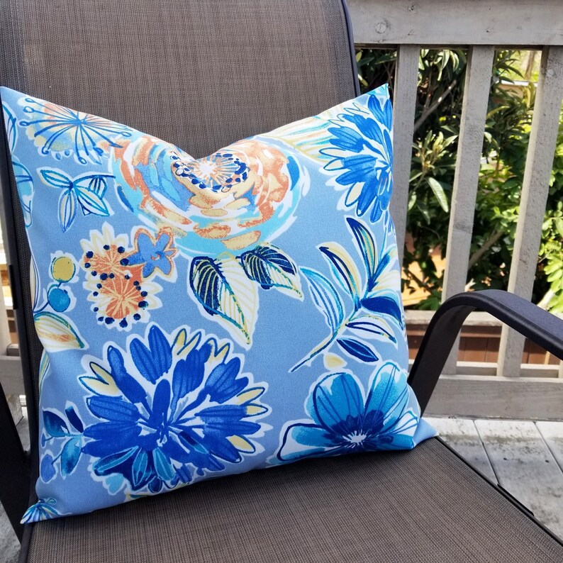 OUTDOOR Two Floral Pillow Covers Blue Pillows Patio Pillow Etsy