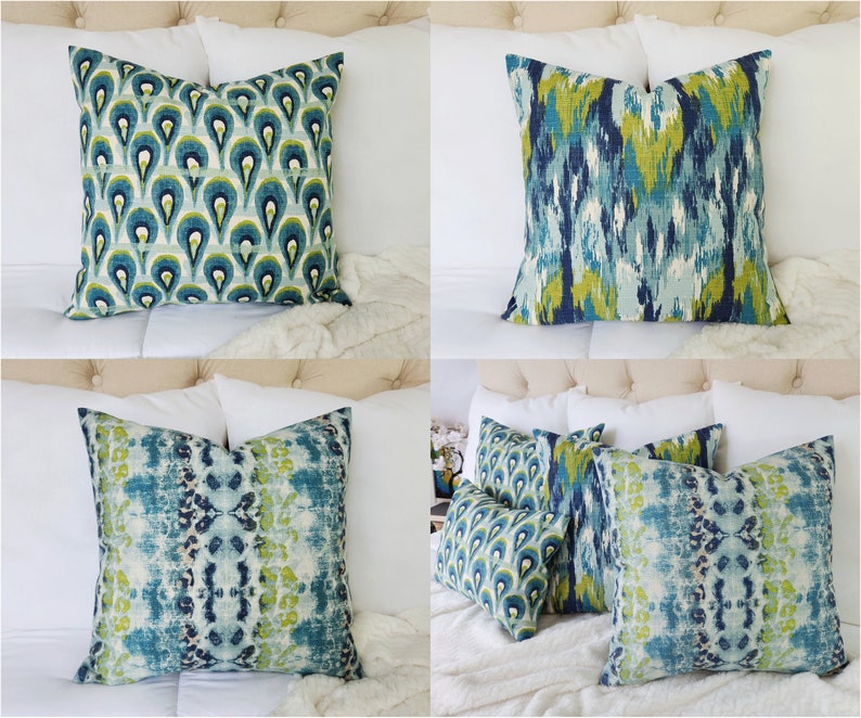 One Blue Ikat Pillow Cover, Blue and Green Ikat Pillow Cover, Blue Pillows, Decorative Pillow, Blue Euro Sham, Green Ikat Pillow image 2