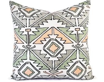 CLEARANCE One Peach Pillow - Green Throw Pillow - 16 x 16 Inch 18 x 18 Decorative Pillow - Pink Pillow Cover - Grey Pillow