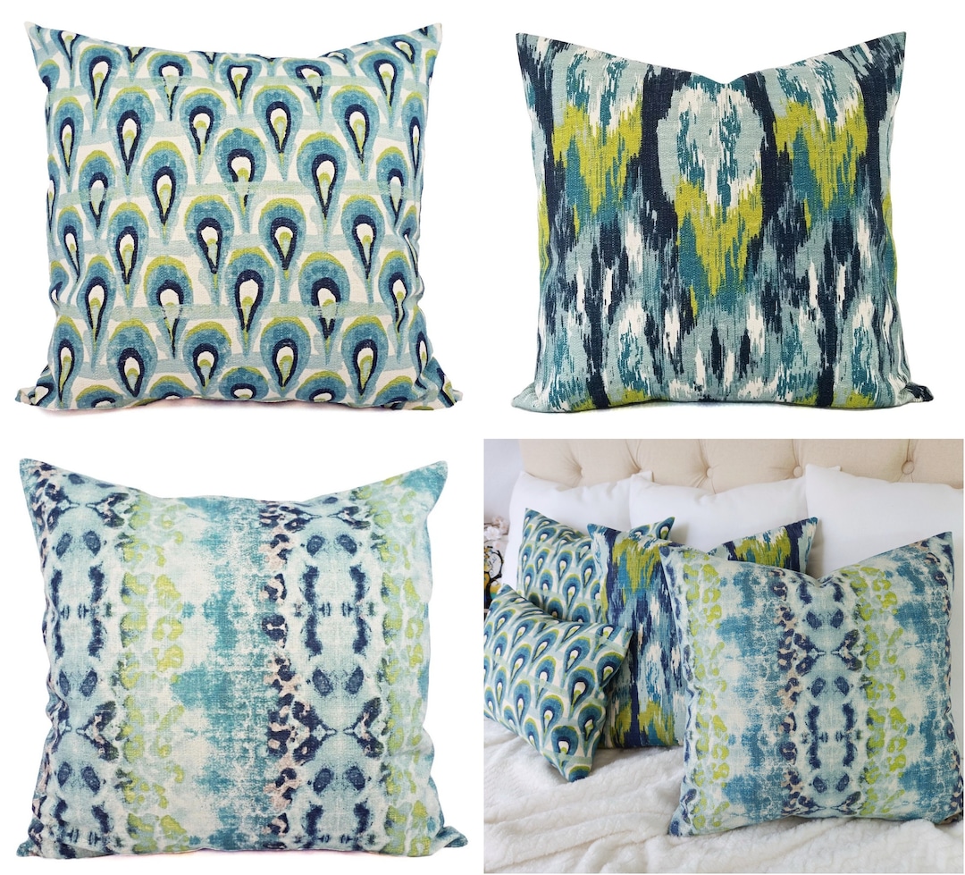 One Blue Ikat Pillow Cover, Blue and Green Ikat Pillow Cover, Blue