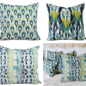 One Blue Ikat Pillow Cover, Blue and Green Ikat Pillow Cover, Blue Pillows, Decorative Pillow, Blue Euro Sham, Green Ikat Pillow image 1