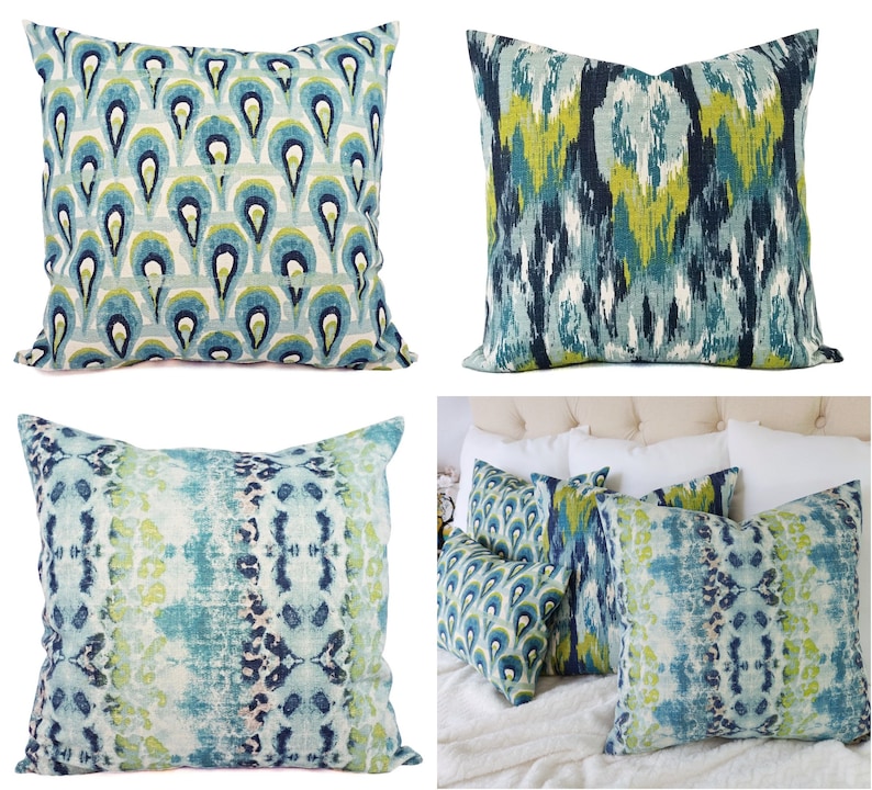 One Blue Ikat Pillow Cover, Blue and Green Ikat Pillow Cover, Blue Pillows, Decorative Pillow, Blue Euro Sham, Green Ikat Pillow image 1