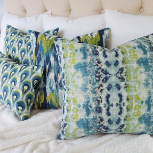 One Blue Ikat Pillow Cover, Blue and Green Ikat Pillow Cover, Blue Pillows, Decorative Pillow, Blue Euro Sham, Green Ikat Pillow image 7