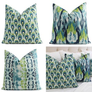 One Blue and Green Ikat Pillow Cover, Decorative Pillow, Blue Ikat Pillow, Green Ikat Pillow, Ikat Pillow Covers Pillow Sham