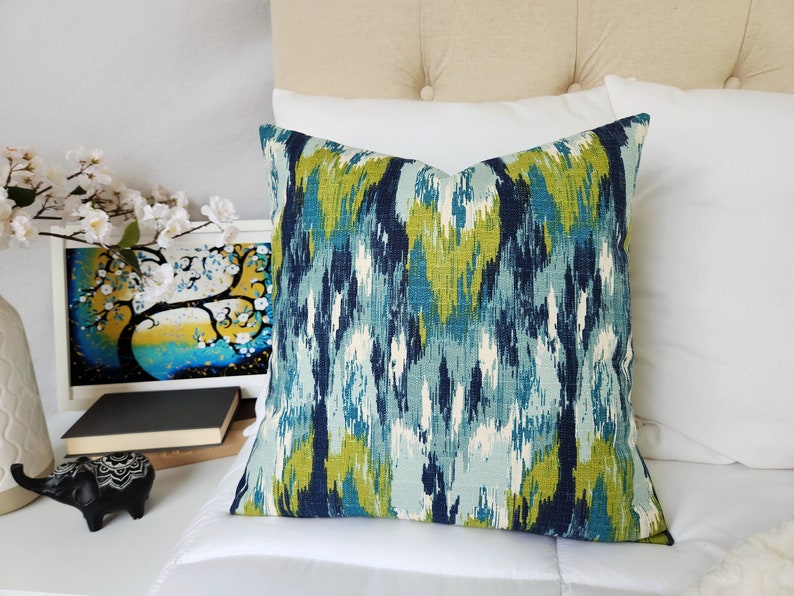 One Blue Ikat Pillow Cover, Blue and Green Ikat Pillow Cover, Blue Pillows, Decorative Pillow, Blue Euro Sham, Green Ikat Pillow 2. Flames