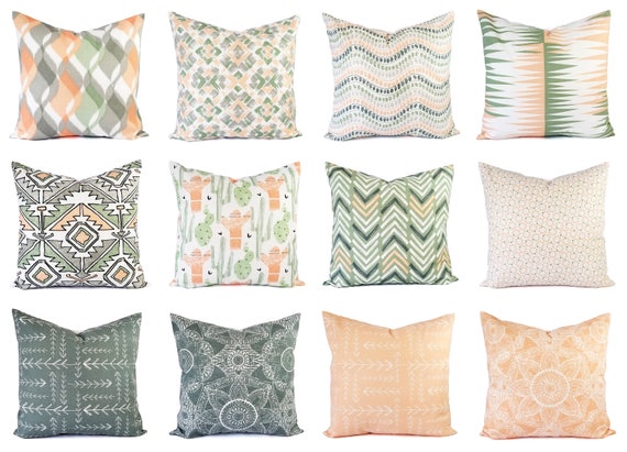 One Throw Pillow Cover Peach and Green Patchwork Pillow Cover 16 x 16