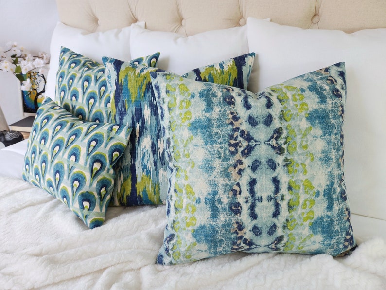 Blue Ikat Lumbar Pillow Cover One Blue and Green Ikat Pillow Etsy