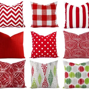 Una funda de almohada roja, una almohada decorativa roja, una funda de almohada roja, una almohada navideña de 20 x 20, una funda de almohada roja de 18 x 18, una almohada lumbar roja tipo euro.
