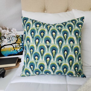 One Blue Ikat Pillow Cover, Blue and Green Ikat Pillow Cover, Blue Pillows, Decorative Pillow, Blue Euro Sham, Green Ikat Pillow image 3