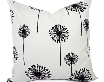 Two Decorative Throw Pillow Covers - Black and White Dandelion Print - Toss Pillow - Accent Pillow - Black Pillow Sham - Black Pillowcase