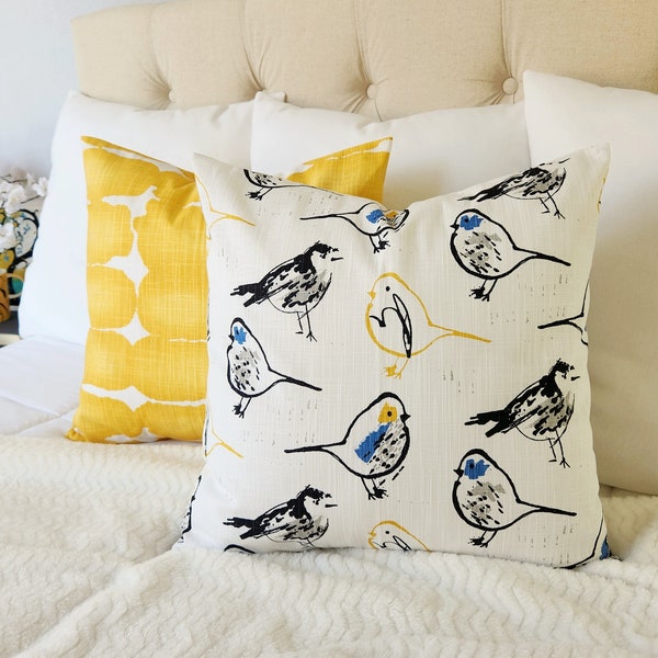 One Yellow and Blue Bird Throw Pillow Cover - Blue and Yellow Decorative Pillow Covers - Yellow Pillow Cushion Cover - Blue Pillow Cover