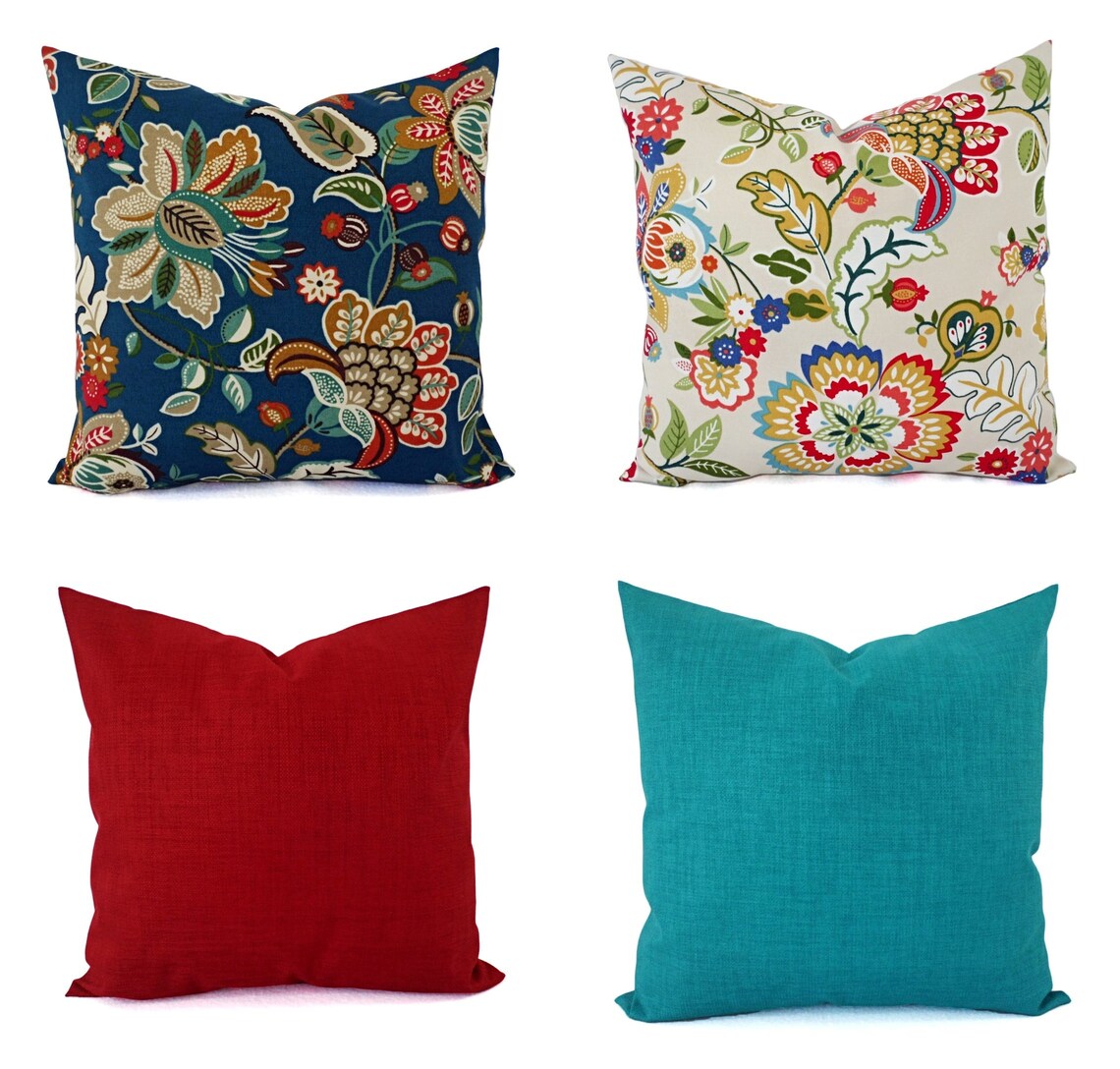 OUTDOOR Two Floral Pillow Covers Teal Pillows Patio Pillow Etsy