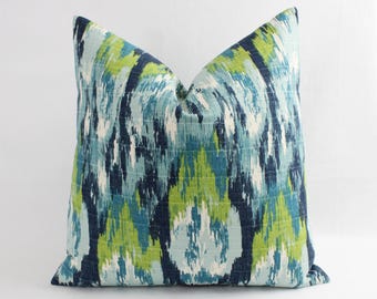 One Throw Pillow Covers, One Blue and Green Ikat Cover, Blue Pillow, Blue Ikat Pillow, Green Ikat Pillow, Blue Ikat Pillow Cover