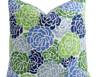One Blue and Green Pillow Cover, Floral Decorative Sham, Green Throw Pillow, Blue Sofa Pillow, Custom Size Pillow Euro Lumbar Pillow