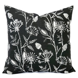 Two Black Pillow Covers, Floral Pillow Sham, Black Throw Pillow, Black Decorative Pillow, Flower Pillow Cover, Black Dandelion Pillows