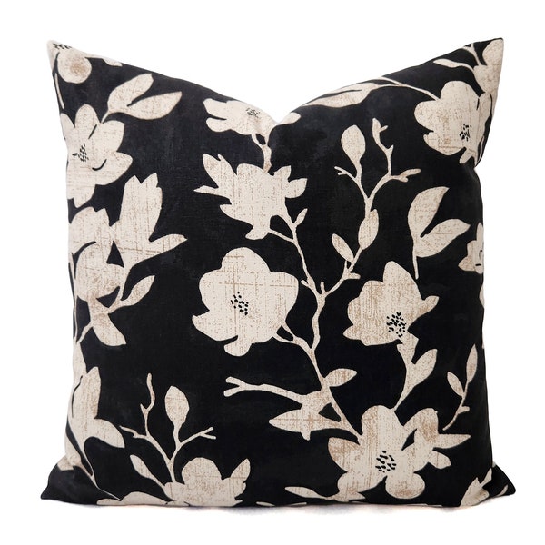 One Decorative Throw Pillow Cover - Black and Cream Floral Pillow Cover - Designer Pillow Sham - Floral Pillow Sham - Black Floral Pillow