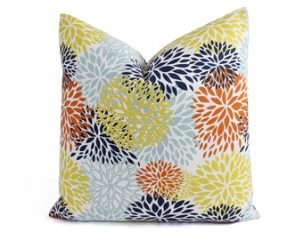 One Orange Blue Pillow Cover, Orange Pillow Cover, Floral Decorative Pillow, Orange Throw Pillow, Navy Throw Pillow, Lumbar Pillow